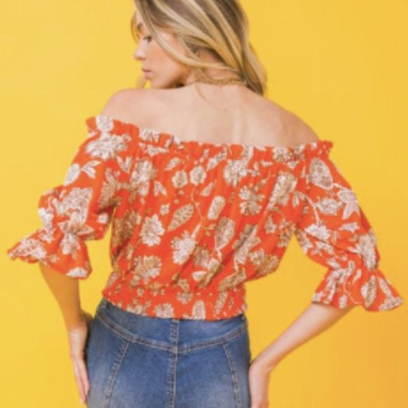 Burnt Orange printed woven off shoulder top - Picture 3 of 3